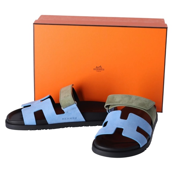 BNIB Hermes Womens Chypre Suede Bleu Cameo Vert Celadon Sandals Size 38 Full Set - Picture 3 of 7